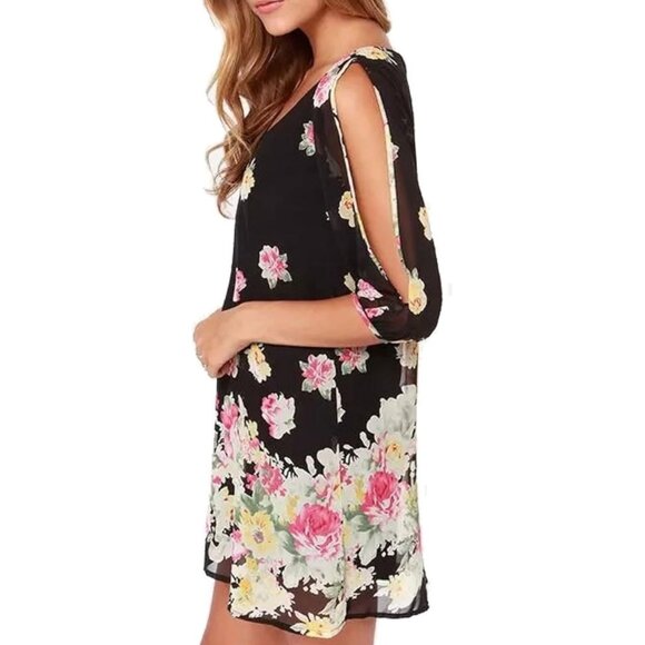 New Lulus Dress Shifting Dears Small Black Pink Yellow Rose Floral Cold Shoulder - Picture 2 of 10